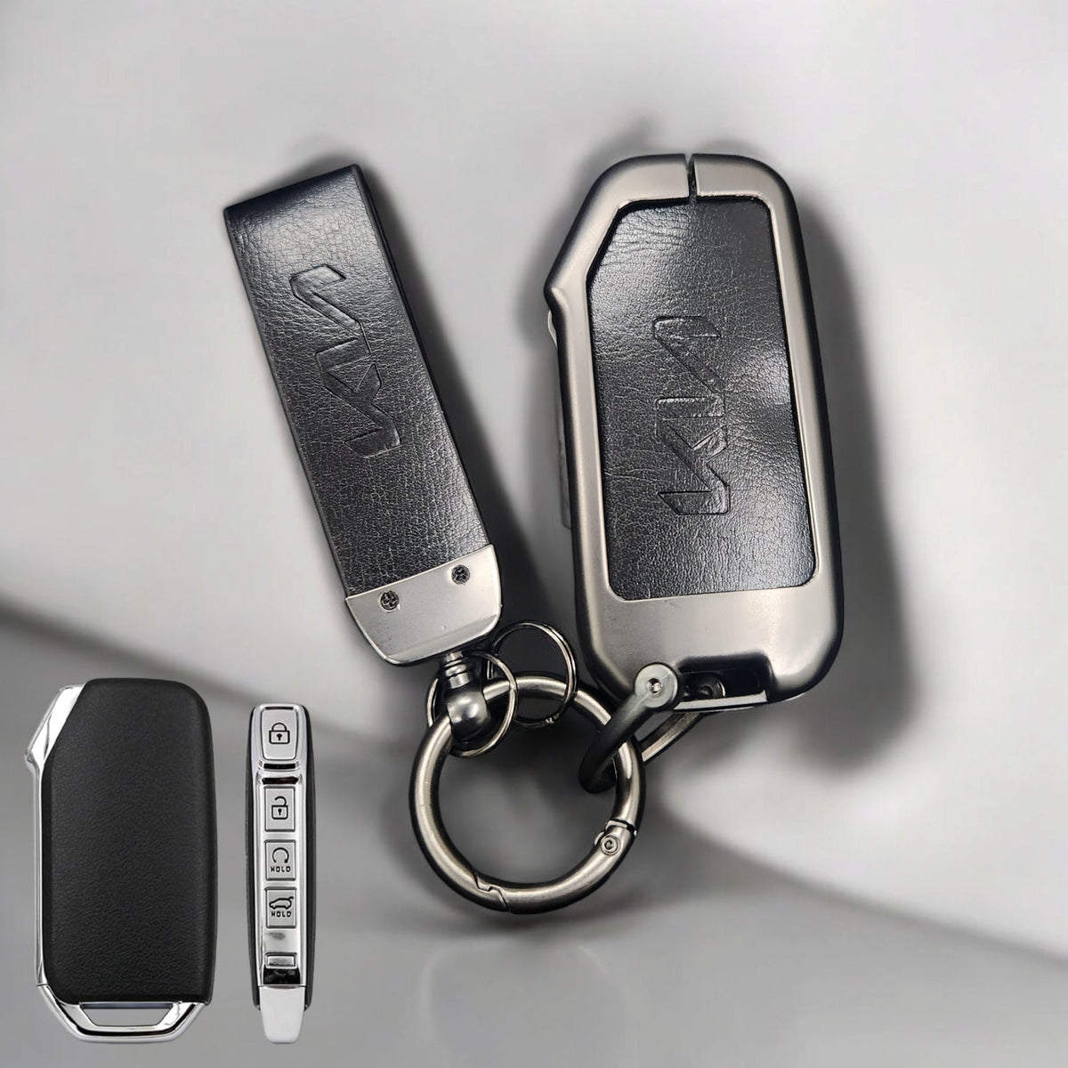 Kia Facelift (Keyless 4 Button Key) Luxury Metal Alloy Leather Keycase with Holder & Rope Chain