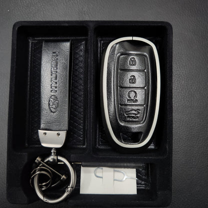 Hyundai Verna/i20 Keyless (4 Button Key) Exclusive Aluminium Alloy Leather 2.0 Keycase with Holder & Rope Chain